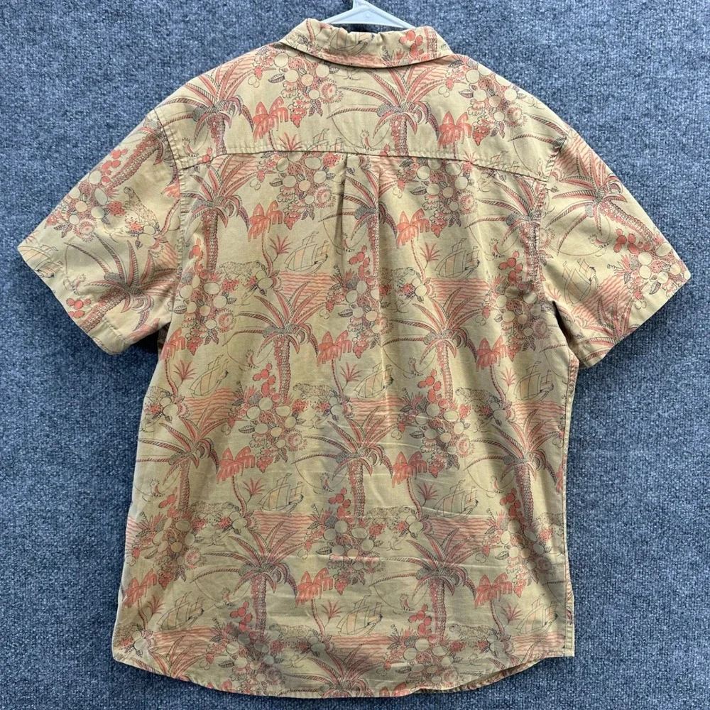Prana Mens Slim Fit Short Sleeve Button Down Shirt Tan Palm Tree Print Large
